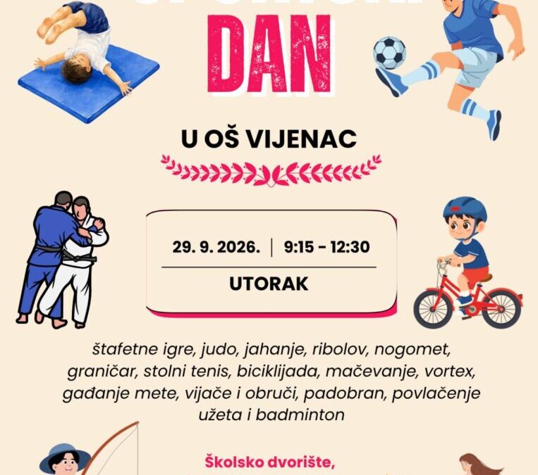 Dragi učenici, roditelji, susjedi i ostali pratitelji, pozivamo vas na navijanje i druženje na našem Sportskom danu